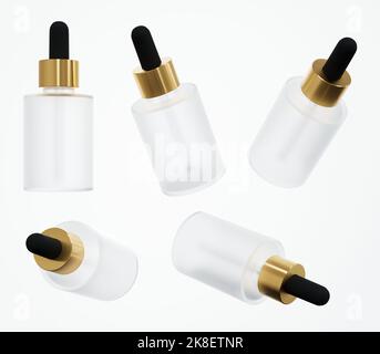 Flacone di siero cosmetico con pipetta mockup 3D render, contagocce di olio per la cura della pelle in diverse viste, modello pronto per il design aziendale di bellezza isolato Foto Stock