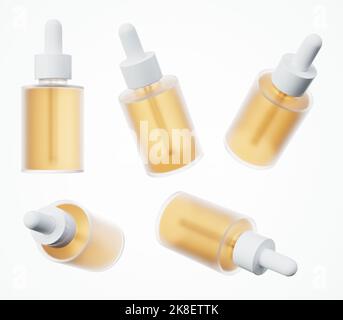 Flacone di siero cosmetico con pipetta mockup render 3D, contagocce di olio giallo per la cura della pelle in diverse viste, modello pronto per il design aziendale di bellezza isolato Foto Stock