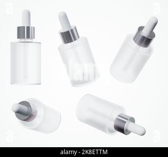 Flacone di siero cosmetico con pipetta mockup 3D render, contagocce di olio per la cura della pelle in diverse viste, modello pronto per il design aziendale di bellezza isolato Foto Stock