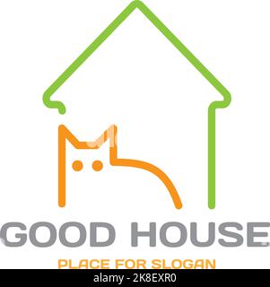 Line art - silhouette di gatto e casa. Modello di logo vettoriale per società di costruzione, PET shop o clinica, business architettonico o web design. Illustrazione Vettoriale