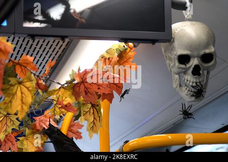 Copenhagen/Danimarca/23 Ottobre 2022/Dansh bus Roite 500S è decorato con oggetti halloween per intrattenere i passeggeri degli autobus in varie età durante il viaggio in autobus a Copenbhagen . (Foto. Francis Dean/Dean Pictures. Foto Stock