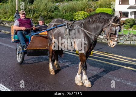 Glengarriff, West Cork, Irlanda. 23rd Ott 2022. Il West Cork Chevals ha tenuto la sua prima edizione per 3 anni a Glengarriff oggi. Circa 35 cavalli, trappole e cavalieri hanno partecipato a quella che era una giornata di sole. Scaldare il loro cavallo prima della scevera erano Martin o'Sullivan e Christy Caverly, entrambi da Drimoleague. Credit: AG News/Alamy Live News Foto Stock