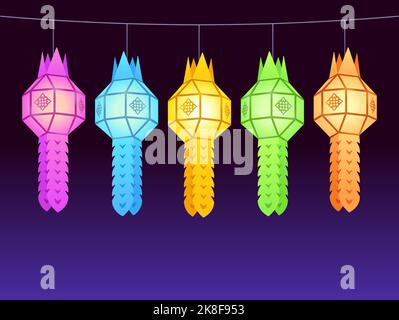 Lanterne tradizionali di carta thailandesi per il festival Yi Peng o Loy Krathong. Lanterne appese di colori diversi su sfondo scuro di notte. Vettore illustrati Illustrazione Vettoriale