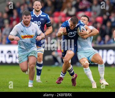 Danny Care #9 di Harlequins affronta Joe Carpenter #15 di sale Sharks durante il Gallagher Premiership Match sale Sharks vs Harlequins all'AJ Bell Stadium, Eccles, Regno Unito, 23rd ottobre 2022 (Foto di Steve Flynn/News Images) Foto Stock