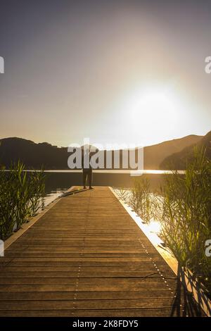 Donna sul molo vicino al lago e alle montagne Foto Stock
