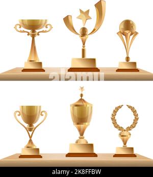 Coppe dei trofei sugli scaffali. premi per i vincitori dei concorsi sportivi. Trofeo d'oro vettoriale Illustrazione Vettoriale