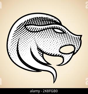 Illustrazione di Scricchboard Leone inciso con riempimento bianco isolato su uno sfondo beige Illustrazione Vettoriale