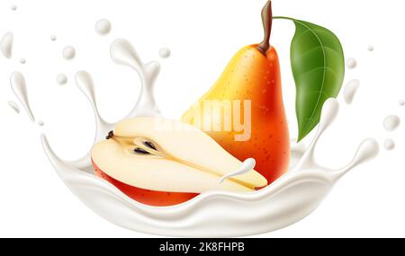 Schizzi di frutta allo yogurt realistici. Pera intera o mezza succosa. Gocce di latte fermentate e scoppio liquido. Spruzzi di bevande cremose. Sapore di prodotti lattiero-caseari Illustrazione Vettoriale