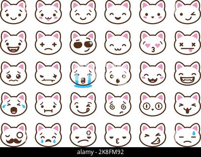 Cute gattino facce. Kawaii gatti emoticon, emotivo bambino clipart. Isolato cartoon kitty varie emozioni. Espressione contorno animali domestici teste vettore ordinato Illustrazione Vettoriale