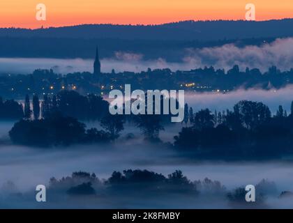 Germania, Baden-Wurttemberg, Radolfzell, città rurale avvolta nella fitta nebbia mattutina Foto Stock