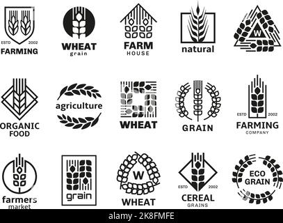 Logo Harvest con spighe di grano. Modello di simboli di malto, logo di riso, grani naturali e aziende di panetteria. Orzo di alta qualità, agricoltura ordinata Illustrazione Vettoriale