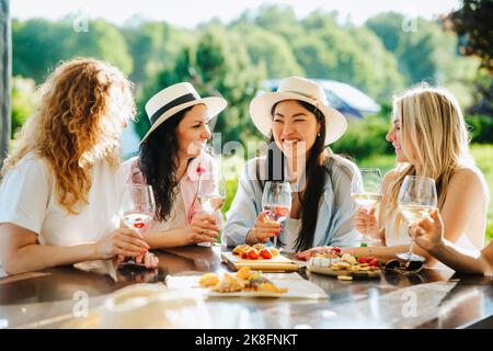 Amici felici che parlano e si gustano del vino in cantina Foto Stock