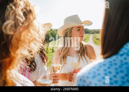 Amici con bicchieri di vino che hanno conversazione in cantina Foto Stock