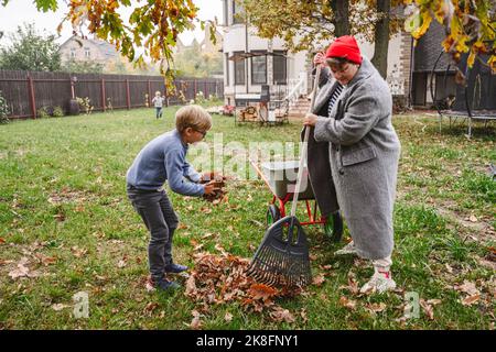 Madre con figlio che rastrellano foglie secche nel cortile posteriore Foto Stock