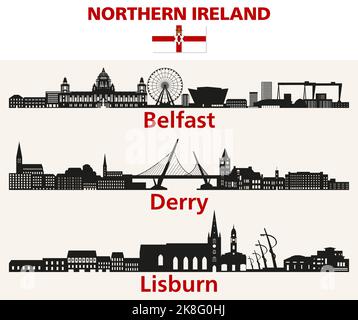 Irlanda del Nord città skylines silhouettes vettore set Illustrazione Vettoriale