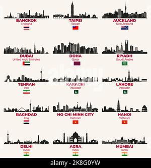 Città asiatiche e del Medio Oriente skyline silhouette set vettoriale Illustrazione Vettoriale