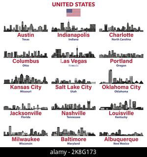 Stati Uniti città skylines silhouettes vettore illustrazioni set Illustrazione Vettoriale