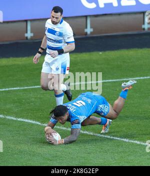 Doncaster, Regno Unito. 23rd ottobre 2022; Eco-Power Stadium a Doncaster, Yorkshire, Inghilterra, Coppa del mondo di Rugby Samoa contro Grecia: Brian to'o di Samoa segna un tentativo di farne $4-0 credito: Action Plus Sports Images/Alamy Live News Foto Stock