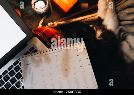 Pagina del pianificatore con i dolci di Natale, le arance del mandarino e la decorazione delle candele. Concetto di preparazione di Capodanno. Pianificazione del nuovo anno. Penna rossa per impugnare la mano femmina Foto Stock