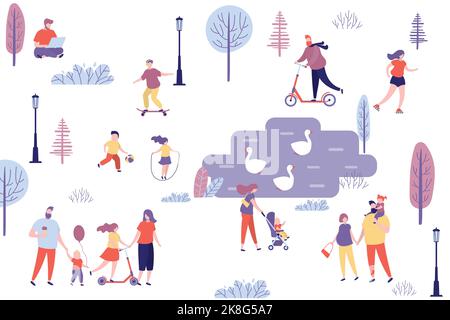 Varie persone nel parco, personaggi umani stile di vita attivo, area ricreativa, coppie e famiglie con bambini trascorrere il tempo nel parco della città. Stagno con Illustrazione Vettoriale