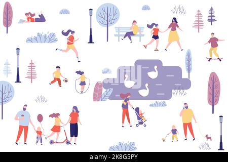 Varie persone nel parco, personaggi umani stile di vita attivo, area ricreativa, coppie e famiglie con bambini trascorrere il tempo nel parco della città. Stagno con Illustrazione Vettoriale