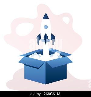 Aprire la scatola e da essa il razzo toglie. Concetto di startup o di nuova idea. Illustrazione vettoriale di stile trendy Illustrazione Vettoriale