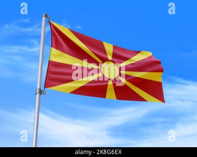 Bella bandiera del Nord Macedonia che ondola nel vento con sfondo cielo - 3D illustrazione - 3D rendering Foto Stock