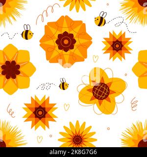 Cartoon motivo di girasole senza cuciture. Belle api al miele con fiori decorativi soleggiati, insetti e piante di semi oleosi, stampa estiva. Tessuti decorativi, rivestimenti Illustrazione Vettoriale
