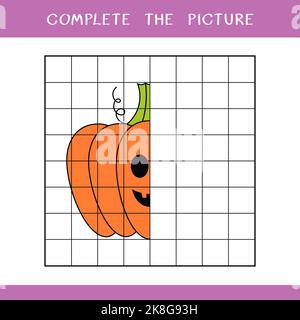 Completare l'immagine. Semplice gioco educativo per i bambini. Carino zucca di Halloween per il libro da colorare Foto Stock