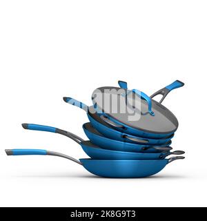 Impilare la padella con il coperchio in vetro su sfondo bianco. 3d resa degli utensili da cucina antiaderenti Foto Stock