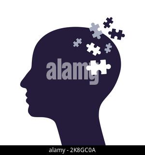 Testa umana con pezzi di puzzle. Concetti di perdita di memoria, risoluzione dei problemi, funzione cerebrale. Illustrazione Vettoriale