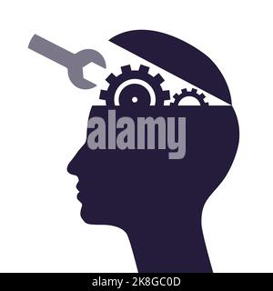 Aprire la testa umana con l'ingranaggio e la chiave per la riparazione. Concetto di salute mentale, psicoterapia, chirurgia cerebrale. Illustrazione Vettoriale