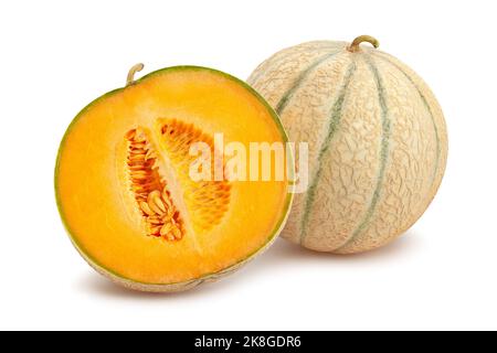 percorso di melone cantaloupe a fette isolato su bianco Foto Stock