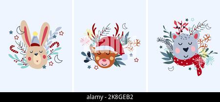 Biglietti invernali con testa di animali, renne divertente, orso polare carino in una sciarpa, testa di coniglio, fiori colorati e foglie. Animali magici. Concetto Natale e Capodanno. Vettore. Illustrazione Vettoriale