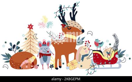 Composizioni invernali con animali, renne divertenti e ghirlande sulle corna, mouse divertente, coniglio carino in una sciarpa, e other.Concept Natale e Capodanno. Perfetto per biglietti d'auguri, poster, cartoline Illustrazione Vettoriale