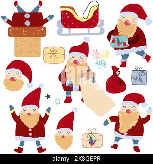 Collezione di Babbo Natale con regalo d'inverno, slitta di Natale, neve. Concetto Natale e Capodanno. Babbo Natale divertente in pose diverse. Vettore. Illustrazione Vettoriale