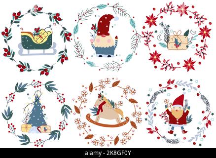 Composizioni invernali luminose con cavallo a dondolo in stile vintage, gnomo divertente, Santa carina, corona di Natale e altro. Perfetto per biglietti d'auguri, poster, cartoline, striscioni. Vettore Illustrazione Vettoriale