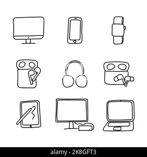 icone di vari gadget moderni, disegnati a mano Illustrazione Vettoriale
