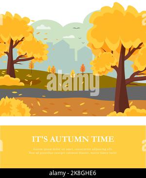 Autunno parco della città - alberi e foglie cadute. Modello di cartolina orizzontale. Disegno vettoriale. Per l'uso in decorazione, cartoline, volantini e brochure, imballaggio, Illustrazione Vettoriale