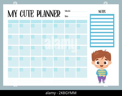 Carino bambini pianificatore mensile e note con carino personaggio cartone animato ragazzo. Modello orizzontale vettoriale. Organizzatore maschile in blu per stampa e disegno, bambini Illustrazione Vettoriale