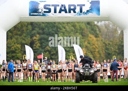 L'immagine mostra l'inizio della corsa di staffetta femminile all'evento di atletica CrossCup, la prima tappa del concorso CrossCup, domenica 23 ottobre 2022 a Berlare. BELGA PHOTO FILIP LANSZWEERT Foto Stock