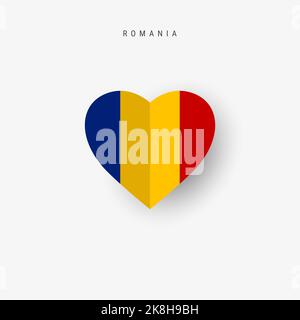 Romania bandiera a forma di cuore. Carta Origami taglio bandiera rumena nazionale. 3D illustrazione isolata su bianco con ombre morbide. Foto Stock