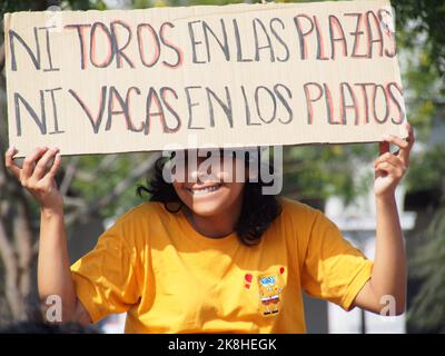 Lima, Perù. 23rd Ott 2022. 'Né tori negli anelli, né mucche nei piatti' possono essere letti su un banner quando decine di animaletti sono scesi in strada per protestare contro la corrida nell'arena di Acho, a Lima. La Plaza de Toros de Acho, inaugurata nel 1766, continua ad operare, nonostante l'esistenza di una legge contro gli abusi sugli animali, sul terreno che la corrida è uno spettacolo culturale tradizionale. Credit: Agenzia Stampa Fotoholica/Alamy Live News Foto Stock