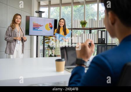 Giovane imprenditore asiatico donna startup presentare con finanziatori per il nuovo progetto di richiesta di finanziamento a sostegno del progetto. Concetto di nuovo autobus Foto Stock