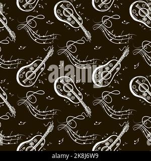 Un modello senza cuciture di simboli musicali, chitarra, ukulele, note e tasti per violino. Elementi disegnati a mano in stile doodle. Illustrazione vettoriale su sfondo nero Illustrazione Vettoriale