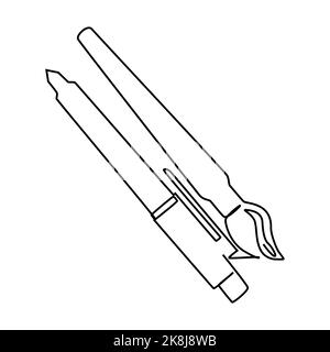 Un disegno a linee di una penna in coda e di una penna ad immersione. Strumento di scrittura per tornare a scuola o concetto di pensiero creativo. Design moderno a linea continua Illustrazione Vettoriale