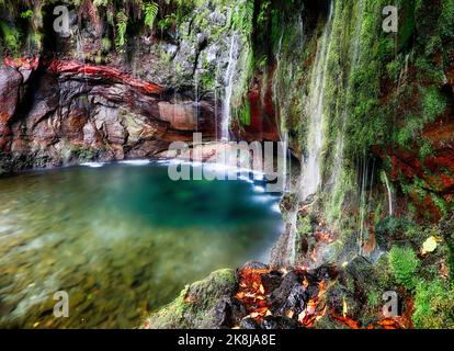 Cascata di Madeira - 25 Fontes o 25 sorgenti in inglese. Rabacal - Paul da Serra. L'accesso è possibile tramite la Levada das 25 Fontes Foto Stock