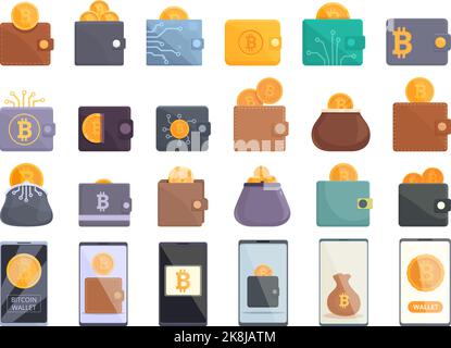 Bitcoin portafoglio icone set cartone animato vettore. Portafoglio di denaro. Bonifico bancario Illustrazione Vettoriale