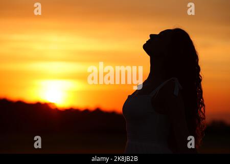 Vista laterale ritratto di una silhouette donna che respira aria fresca al tramonto o all'alba Foto Stock