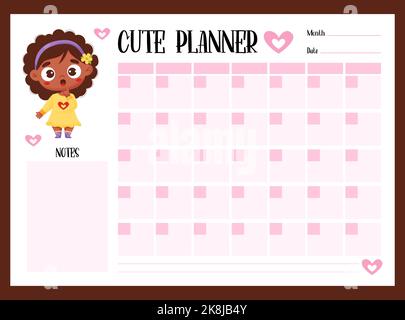 Cute bambini pianificatore mensile, da fare e note con cute ragazza etnica nera. Modello orizzontale vettoriale. Organiser girlish in rosa per stampa e design, ch Illustrazione Vettoriale